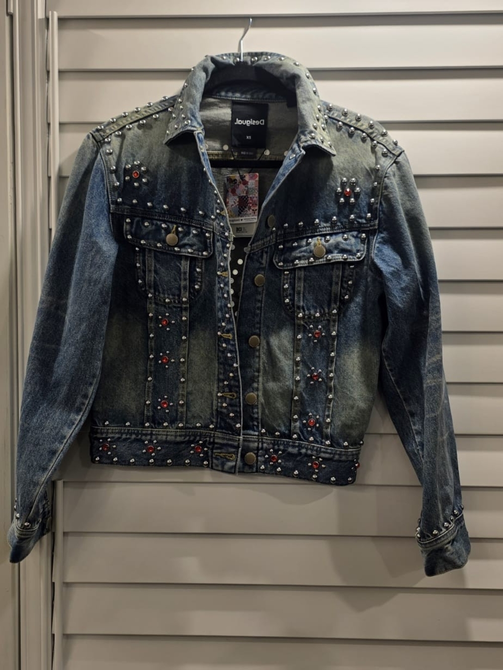Desigual Studded Blue Denim Jacket with Red Accent - Picture 6 of 9